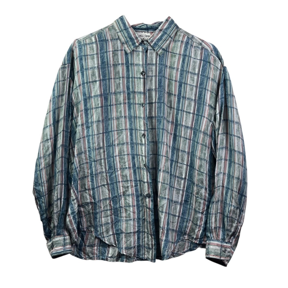 Vintage Jonathan Martin %100 Silk Blouse Top Womens Large Blue Long Sleeve